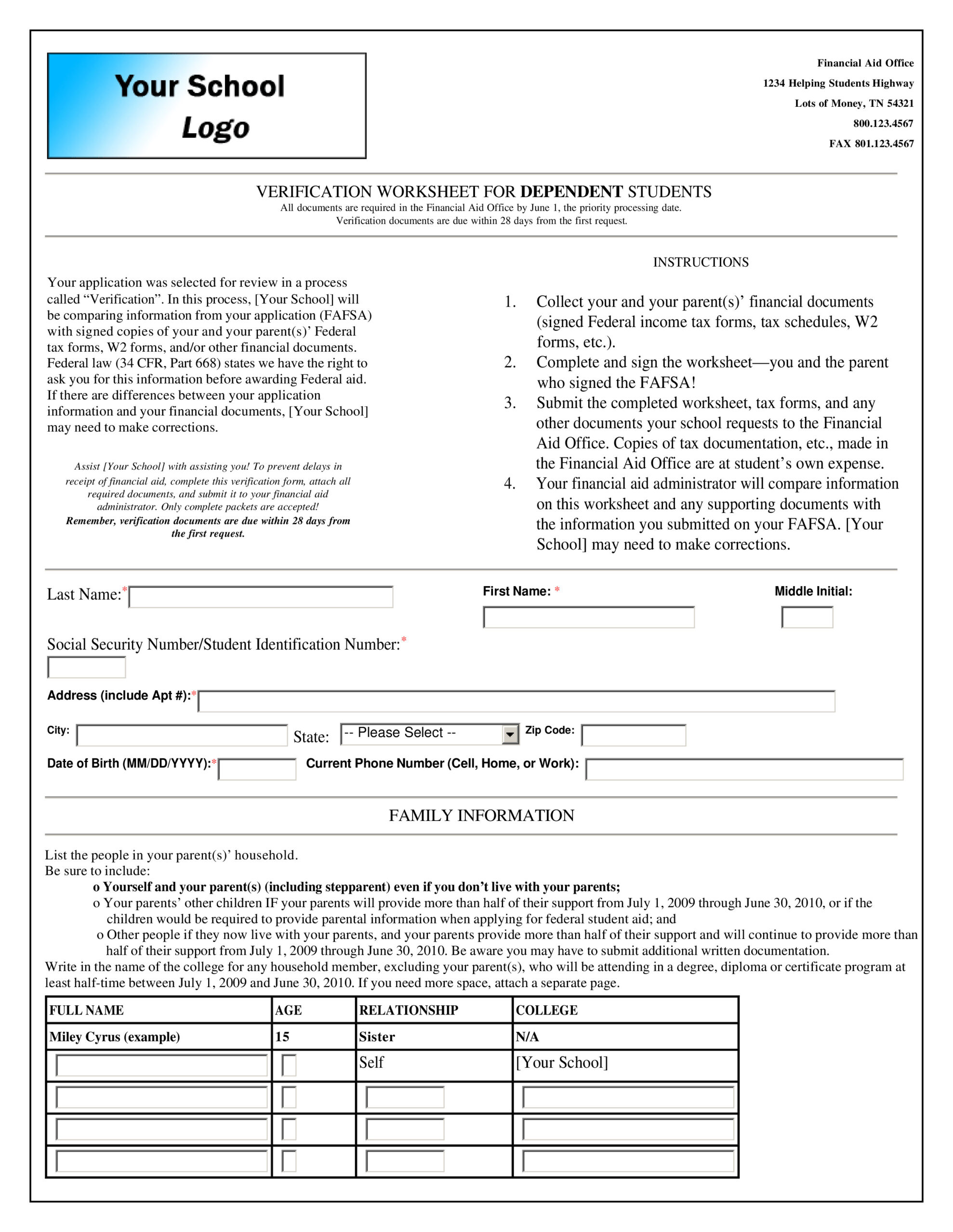 Screenshot of financial aid form example pdf